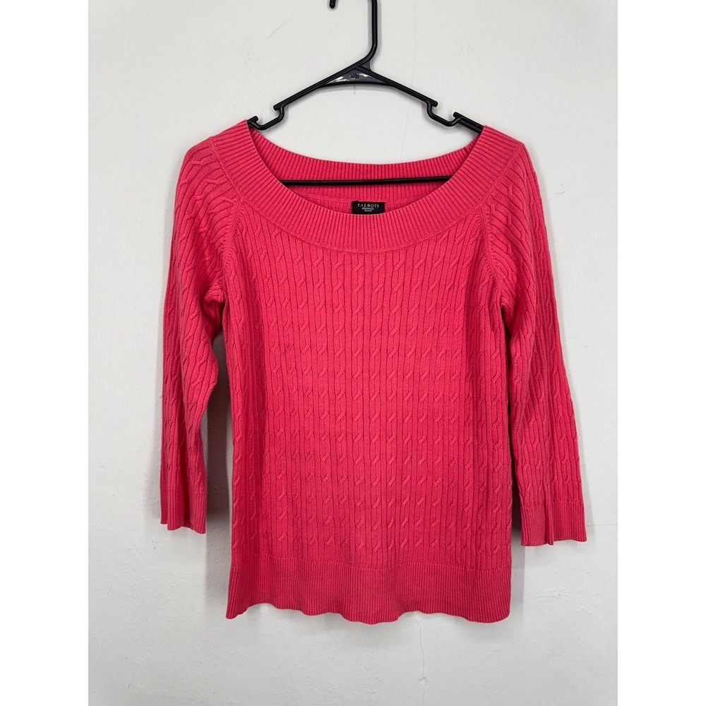 Talbots Sweater Womens Petite MEDIUM Pink Pima Cotton Cable Knit Long Sleeve